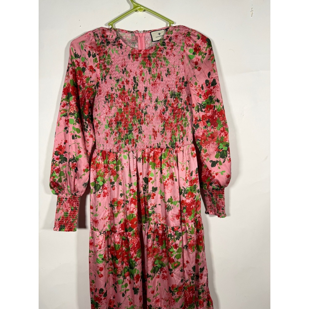 Tuckernuck Pink Floral Smocked Bodice Tiered Maxi Dress Long Sleeve XS